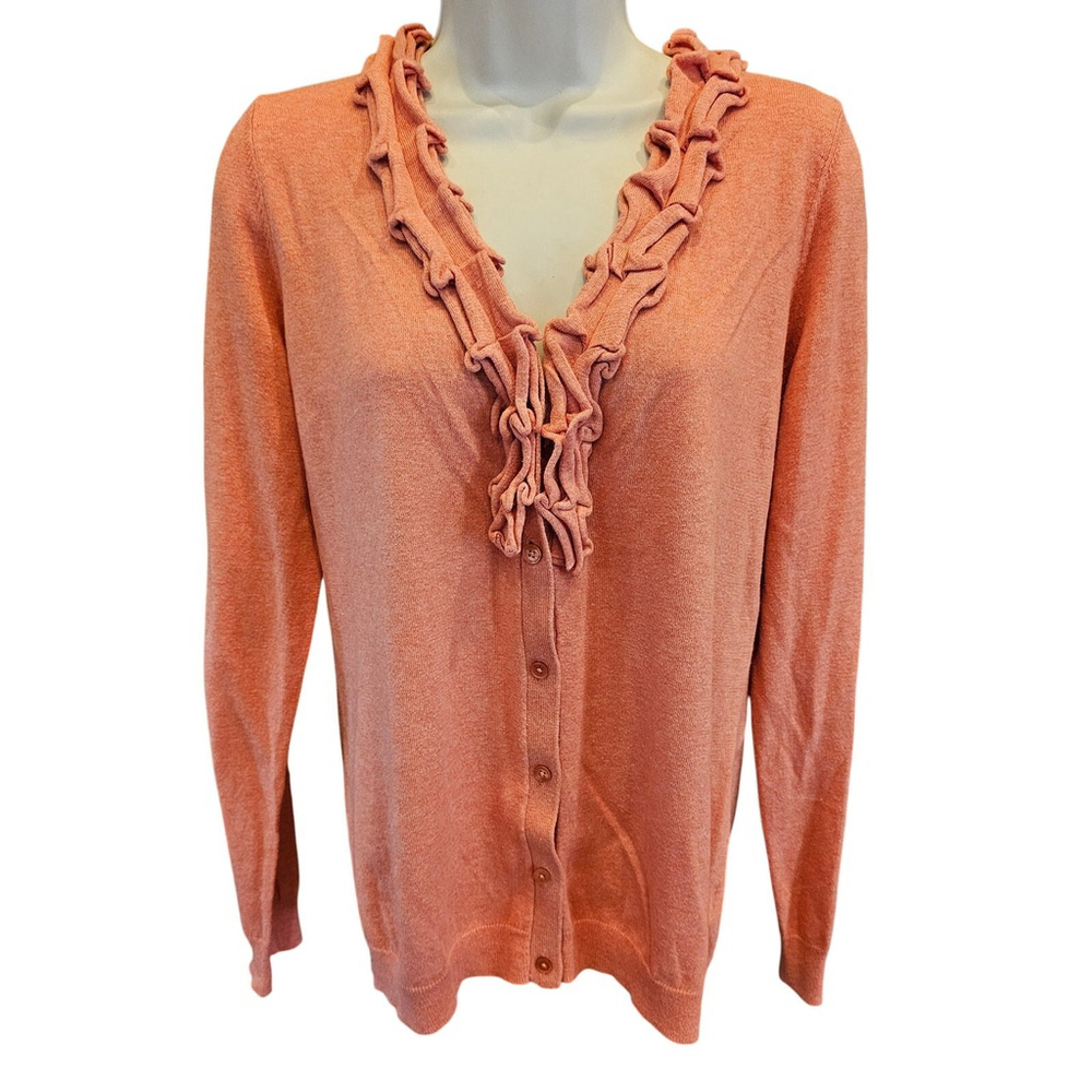 Talbots Wool Blend Sweater Ruffled Coral Button Up Large - Picture 2 of 8